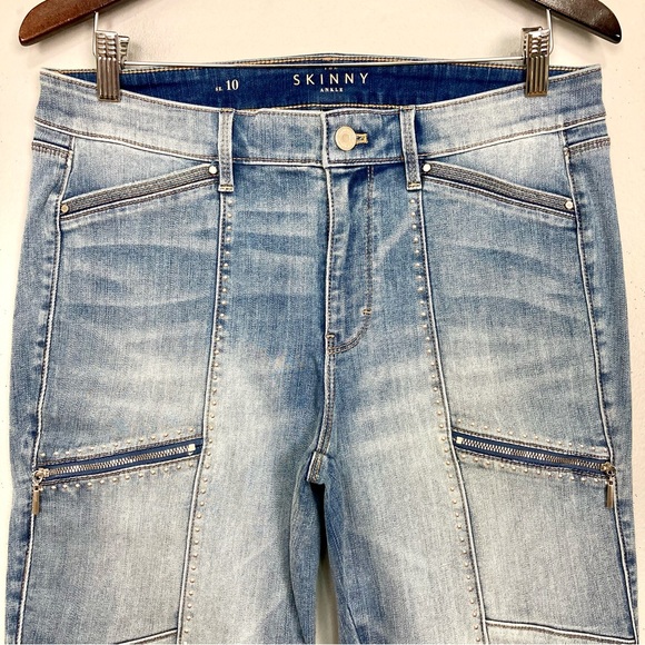WHBM Mid-Rise Studded Skinny Jeans Women’s Size 10 Moto Zippers Stretch Denim - Picture 6 of 13